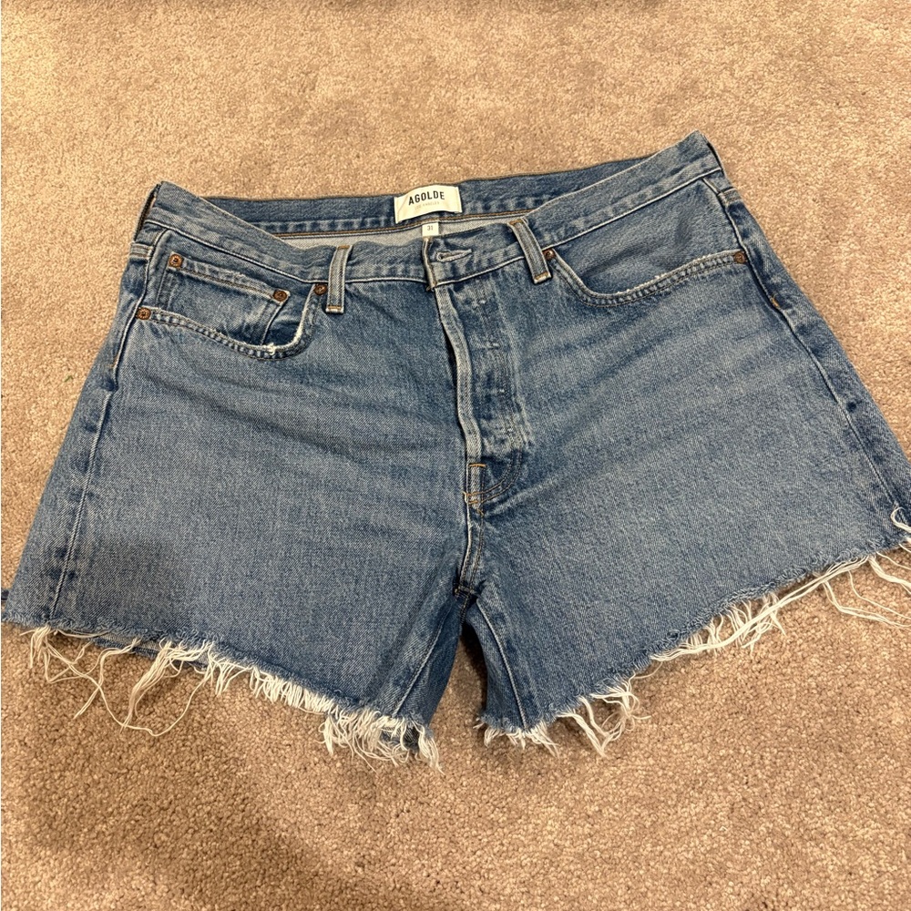 Agolde Frayed Hem Blue Denim Shorts